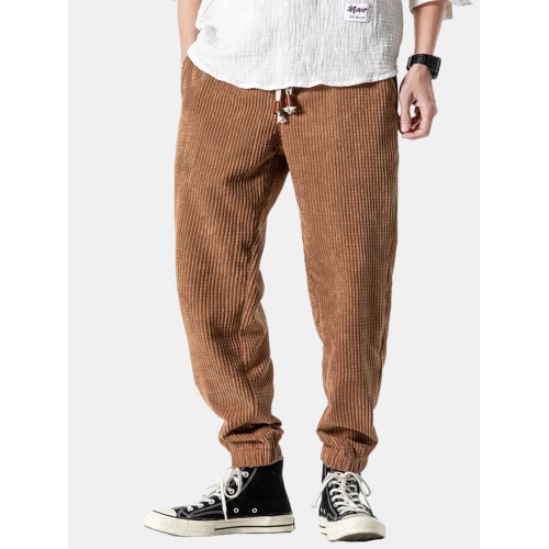 Mens Corduroy Design Cotton Solid Color Drawstring Mid Waist Harem Pants