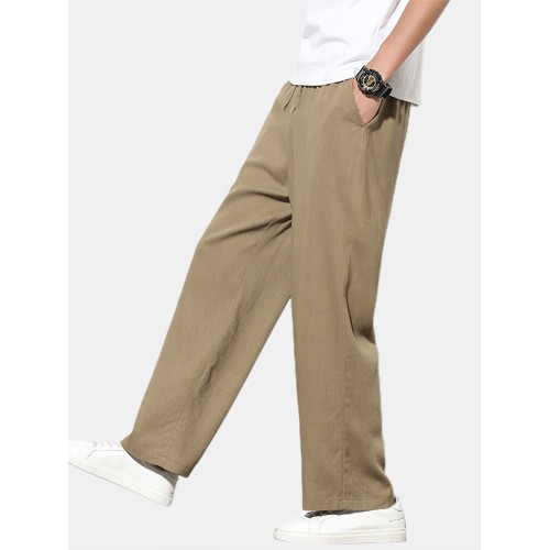Mens Solid Color Casual Thin Regular Drawstring Mid Waist Straight Pants