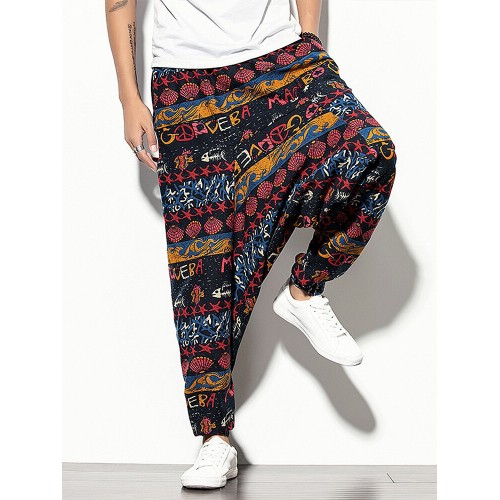 Mens Colorful Mixed Pattern Print Loose Leisure Elastic Waist Harem Pants