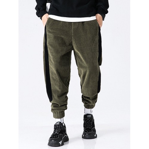 Mens Corduroy Side Stripe Casual Drawstring Elastic Cuff Pants