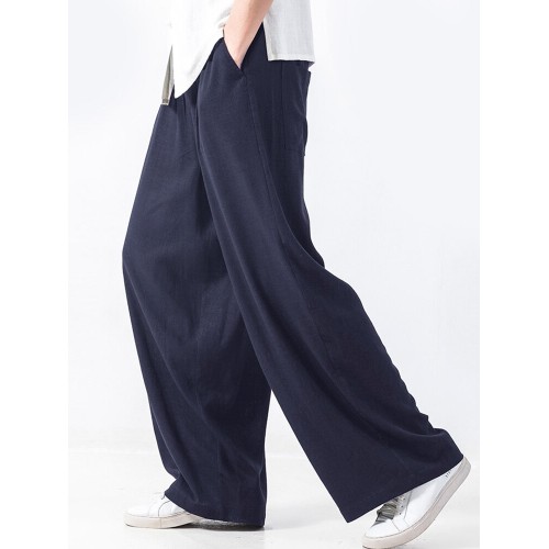 Mens Cotton Solid Baggy Elastic Waist Casual Wide Leg Pants