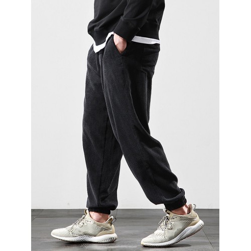 Mens Corduroy Solid Color Loose Fit Simple Elastic Cuff Drawstring Jogger Pants