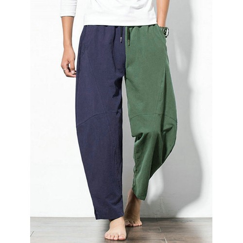 Mens Cotton Patchwork Breathable Drawstring Waist Loose Harem Pants