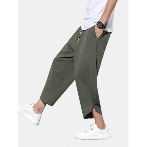Mens Cotton Loose Casual Mid Waist Harem Pants With Draw Cords
