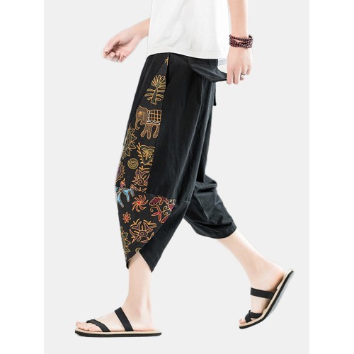 Mens Ethnic Style Print Casual Loose Elastic Drawstring Waist Harem Pants