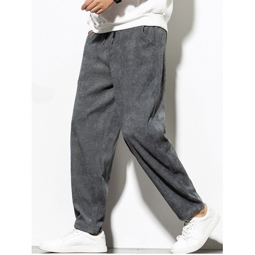 Mens Vintage Fashion Corduroy Drawstring Slim Fit Casual Plain Straight Pants