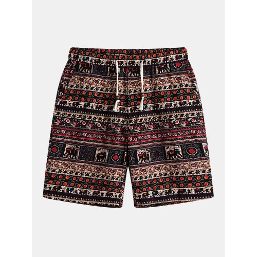 Mens Ethnic Printing Drawstring Elastic Waist Casual Straight Shorts