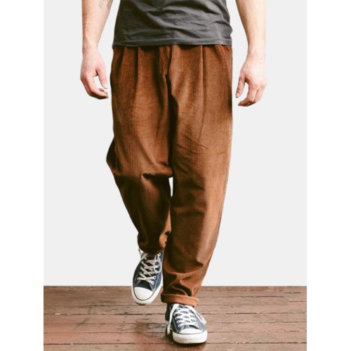 Mens Loose Casual Elegant Corduroy Zipper Solid Color Straight Pants