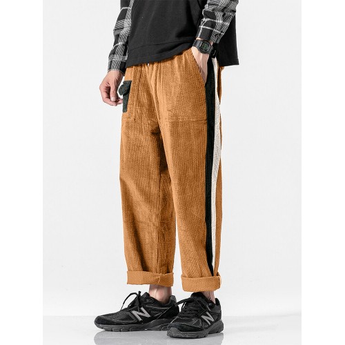 Mens Corduroy Contrast Side Stripe Casual Drawstring Pants With Back Flap Pockets