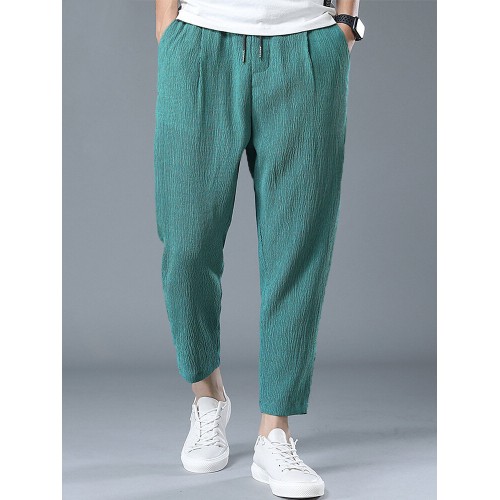 Mens Solid Color Breathable Loose Casual Elastic Waist Pants