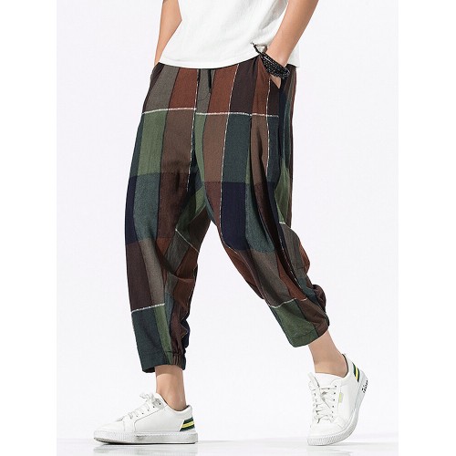 Mens Cotton Plaid Print Casual Loose Drawstring Waist Harem Pants