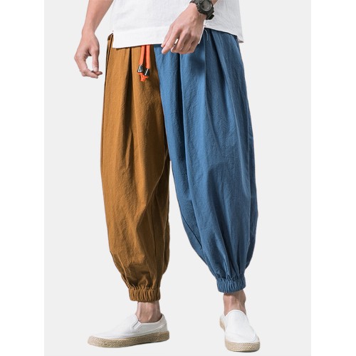 Mens Patchwork Elastic Ankle Drawstring Designer Loose Harem Pants