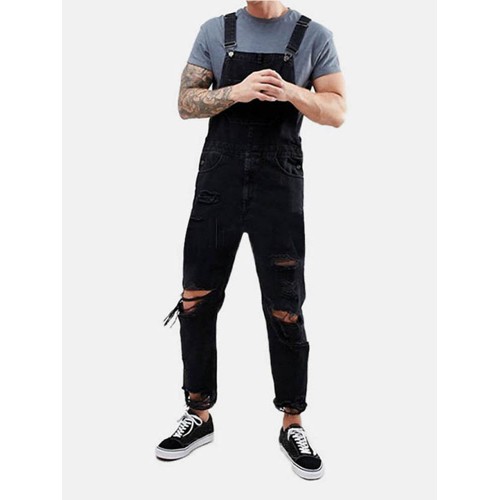 Mens Denim Ripped Solid Color Ankle Lenght Jumpsuits Suspenders