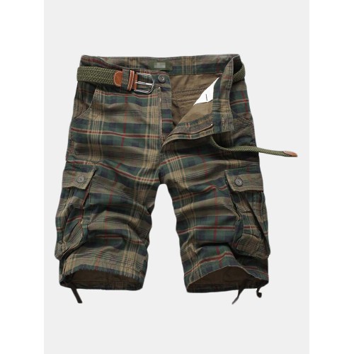 Mens Summer Multi-pocket Cotton Breathable Plaid Knee Length Casual Shorts