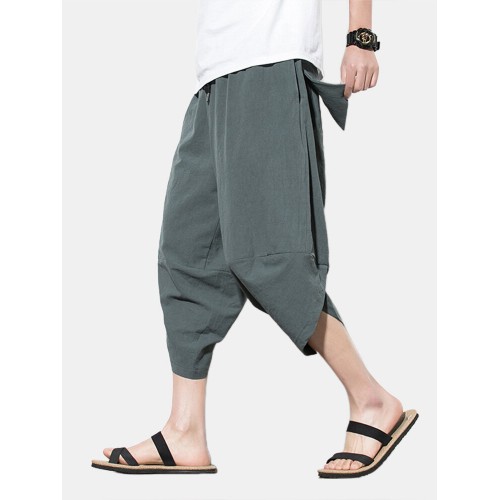 Mens Solid Color Brief Style Casual Loose Drawstring Waist Harem Pants