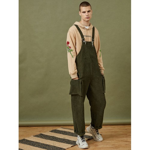 Mens Corduroy Vintage Solid Loose Casual Overalls Jumpsuits With Multi Pockets