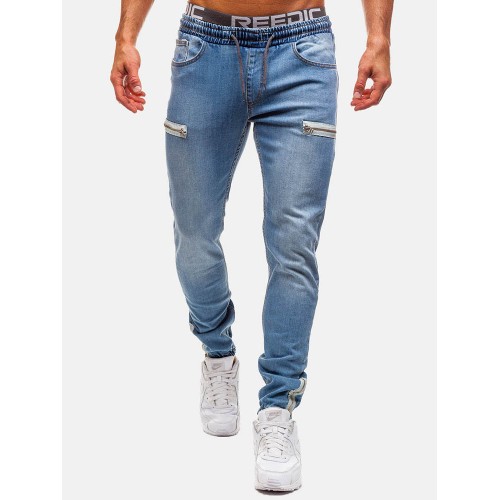 Mens Denim Zipper Washing Drawstring Fit Casual Jeans