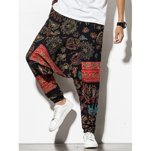 Mens Cotton Ethnic & Tribal Pattern Print Loose Designer Jogger Pants