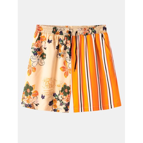 Mens Floral Striped Print Holiday Casual Loose Drawstring Waist Shorts