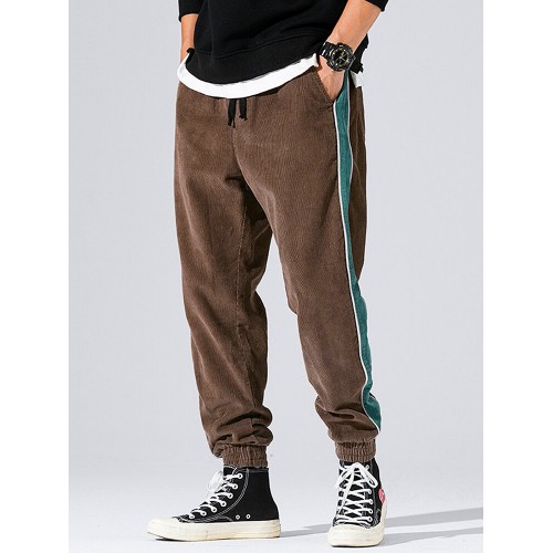 Mens Corduroy Side Stripe Casual Loose Drawstring Beam Feet Pants
