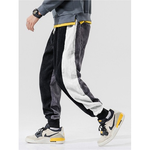 Mens Patchwork Corduroy Side Stripes Drawstring Mid Waist Jogger Pants