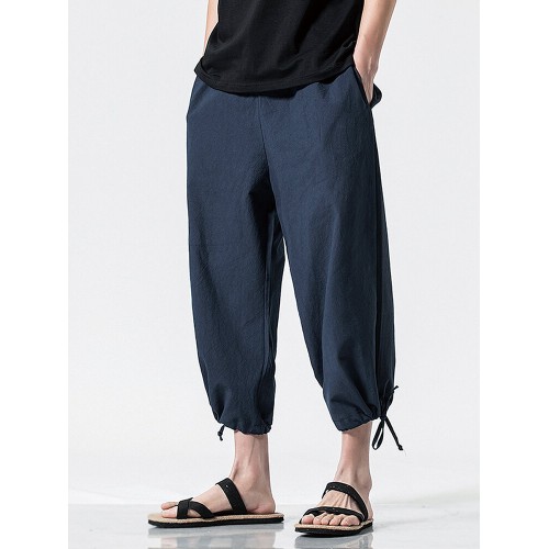 Mens Solid Color Loose Breathable Drawstring Waist Ankle Jogger Pants