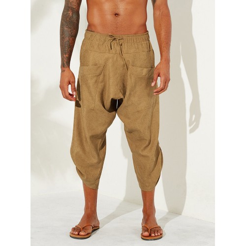 Mens Corduroy Casual Ethnic Style Calf-Length Loose Drawstring Harem Pants