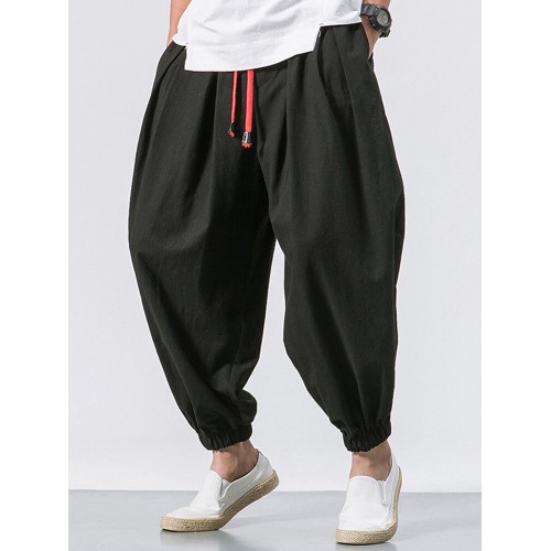 Mens Solid Color Baggy Loose Drawstring Casual Cotton Harem Pants