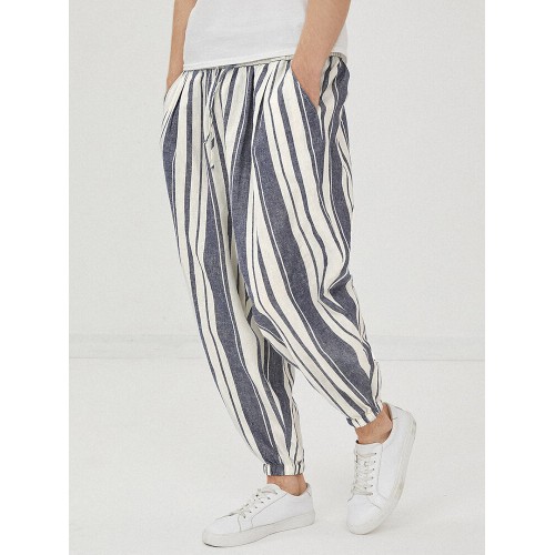 Mens Cotton Linen Striped Loose Fit Drawstring Waist Harem Pants