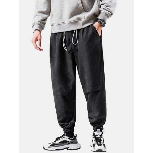 Mens Cotton Solid Color Casual Fit Drawstring Waist Overalls With Bungee Cords