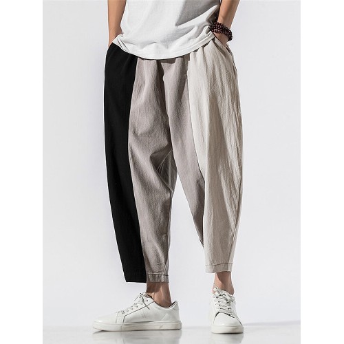 Mens Cotton Patchwork Print Designer Loose Light Elastic Waist Pants
