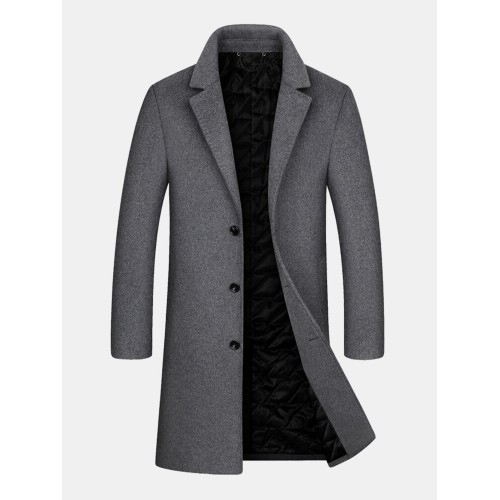 Mens Woolen Pure Color Button Up Business Casual Mid-Length Overcoats Mens Woolen Pure Color Button Up Business Casual Mid-Length Overcoats
