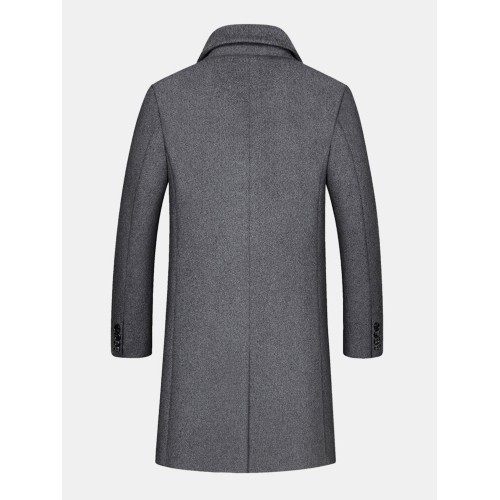Mens Woolen Pure Color Button Up Business Casual Mid-Length Overcoats Mens Woolen Pure Color Button Up Business Casual Mid-Length Overcoats