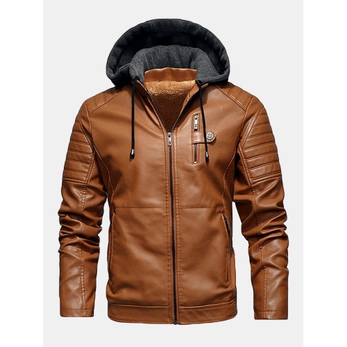 Mens PU Leather Plus Velvet Zip Front Thicken Hooded Jackets With Zipped Welt Pockets Mens PU Leather Plus Velvet Zip Front Thicken Hooded Jackets With Zipped Welt Pockets