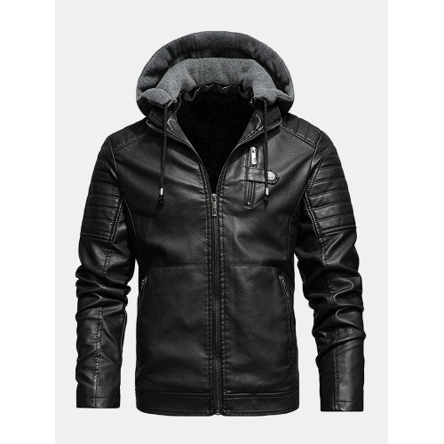 Mens PU Leather Plus Velvet Zip Front Thicken Hooded Jackets With Zipped Welt Pockets Mens PU Leather Plus Velvet Zip Front Thicken Hooded Jackets With Zipped Welt Pockets