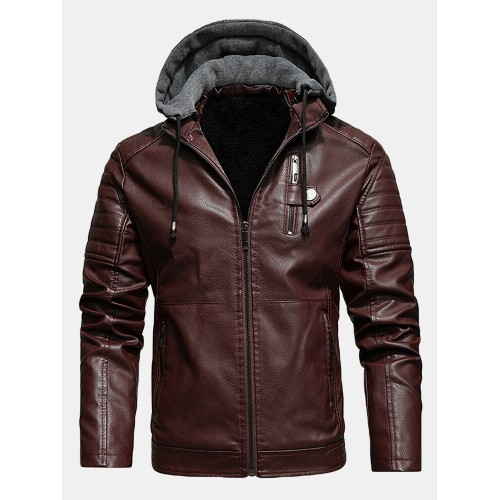 Mens PU Leather Plus Velvet Zip Front Thicken Hooded Jackets With Zipped Welt Pockets Mens PU Leather Plus Velvet Zip Front Thicken Hooded Jackets With Zipped Welt Pockets