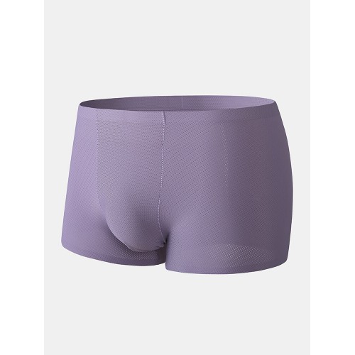 Mens Sexy Ice Silk Underwear Pure Color Mesh Holes Seamless Boxers
