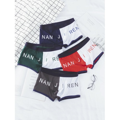 Multipacks Boxed Mens Color Block Boxer Briefs Letter Print Cotton Breathable Antibacterial Cozy Underwears