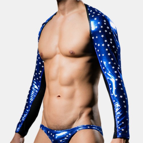 Men Star Pirnt Faux Leather Clubwear Shawl Reflective Smooth Shinning Underwear Men Star Pirnt Faux Leather Clubwear Shawl Reflective Smooth Shinning Underwear