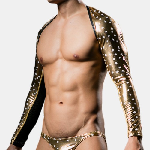 Men Star Pirnt Faux Leather Clubwear Shawl Reflective Smooth Shinning Underwear Men Star Pirnt Faux Leather Clubwear Shawl Reflective Smooth Shinning Underwear