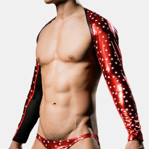 Men Star Pirnt Faux Leather Clubwear Shawl Reflective Smooth Shinning Underwear Men Star Pirnt Faux Leather Clubwear Shawl Reflective Smooth Shinning Underwear