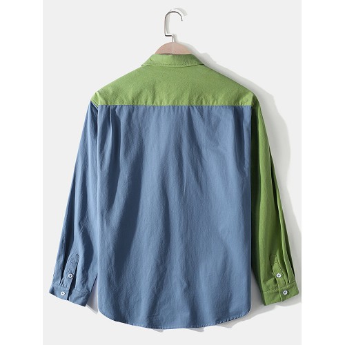 Mens 100% Cotton Contrast Patchwork Casual Chest Pocket Long Sleeve Shirts Mens 100% Cotton Contrast Patchwork Casual Chest Pocket Long Sleeve Shirts