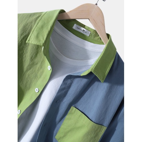 Mens 100% Cotton Contrast Patchwork Casual Chest Pocket Long Sleeve Shirts Mens 100% Cotton Contrast Patchwork Casual Chest Pocket Long Sleeve Shirts