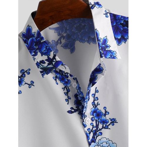 Mens Chinese Style Porcelain Floral Printed Short Sleeve Turn Down Collar Casual Shirt Mens Chinese Style Porcelain Floral Printed Short Sleeve Turn Down Collar Casual Shirt