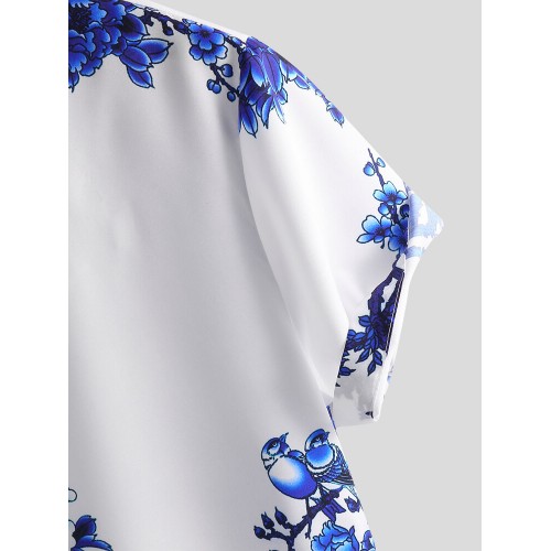 Mens Chinese Style Porcelain Floral Printed Short Sleeve Turn Down Collar Casual Shirt Mens Chinese Style Porcelain Floral Printed Short Sleeve Turn Down Collar Casual Shirt