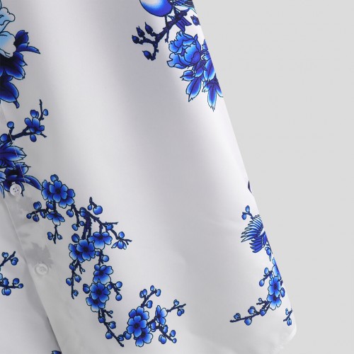 Mens Chinese Style Porcelain Floral Printed Short Sleeve Turn Down Collar Casual Shirt Mens Chinese Style Porcelain Floral Printed Short Sleeve Turn Down Collar Casual Shirt