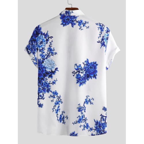 Mens Chinese Style Porcelain Floral Printed Short Sleeve Turn Down Collar Casual Shirt Mens Chinese Style Porcelain Floral Printed Short Sleeve Turn Down Collar Casual Shirt