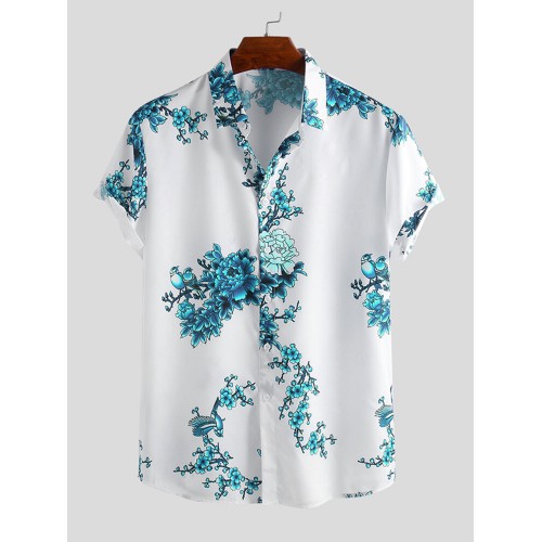 Mens Chinese Style Porcelain Floral Printed Short Sleeve Turn Down Collar Casual Shirt Mens Chinese Style Porcelain Floral Printed Short Sleeve Turn Down Collar Casual Shirt