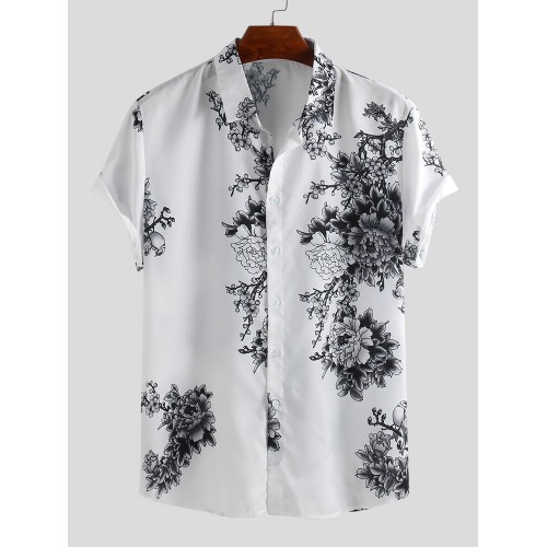 Mens Chinese Style Porcelain Floral Printed Short Sleeve Turn Down Collar Casual Shirt Mens Chinese Style Porcelain Floral Printed Short Sleeve Turn Down Collar Casual Shirt