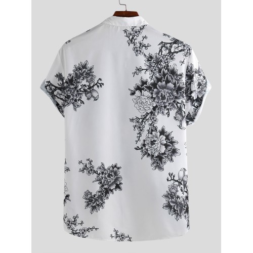 Mens Chinese Style Porcelain Floral Printed Short Sleeve Turn Down Collar Casual Shirt Mens Chinese Style Porcelain Floral Printed Short Sleeve Turn Down Collar Casual Shirt